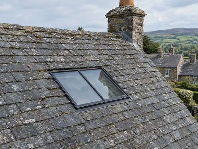 Slim black conservation rooflight with a vertical glazing bar in a slate roof