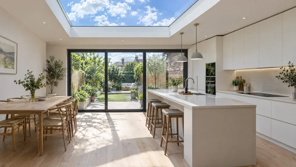 Kitchen extension lit by a large frameless flat rooflight