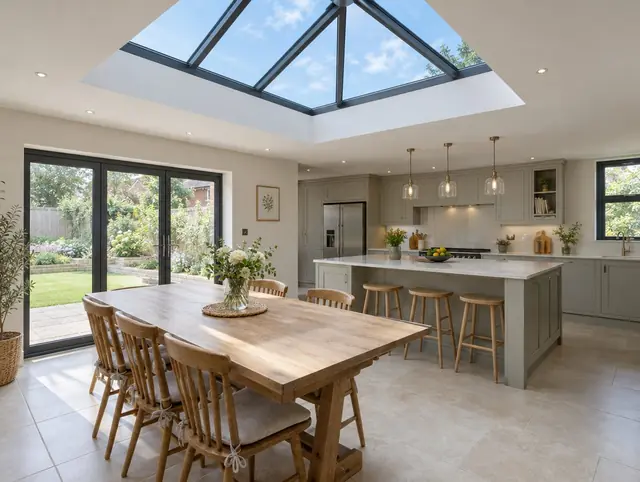 Anthracite aluminium roof lantern over an orangery-style kitchen extension