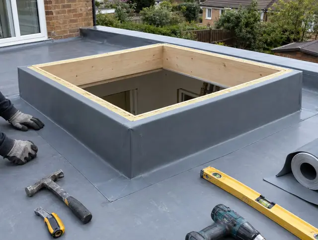 New insulated timber upstand wrapped in single-ply membrane on a flat roof