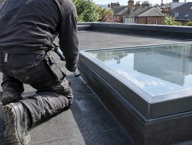 Roofer resealing the perimeter of a glass rooflight on a flat roof